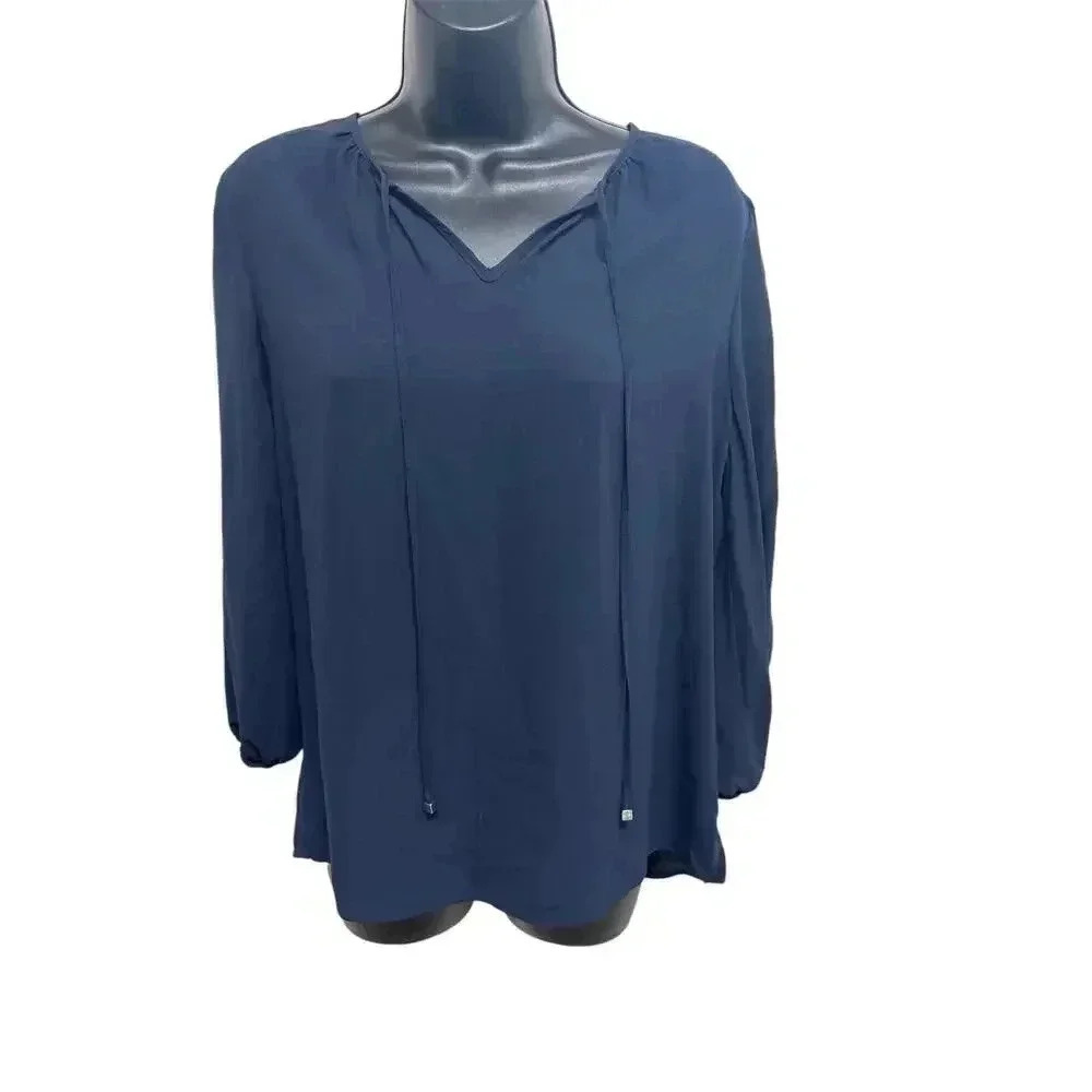 Violet & Claire Navy Blue V-Neck Blouse – Long Sleeve, Relaxed Fit, Size M